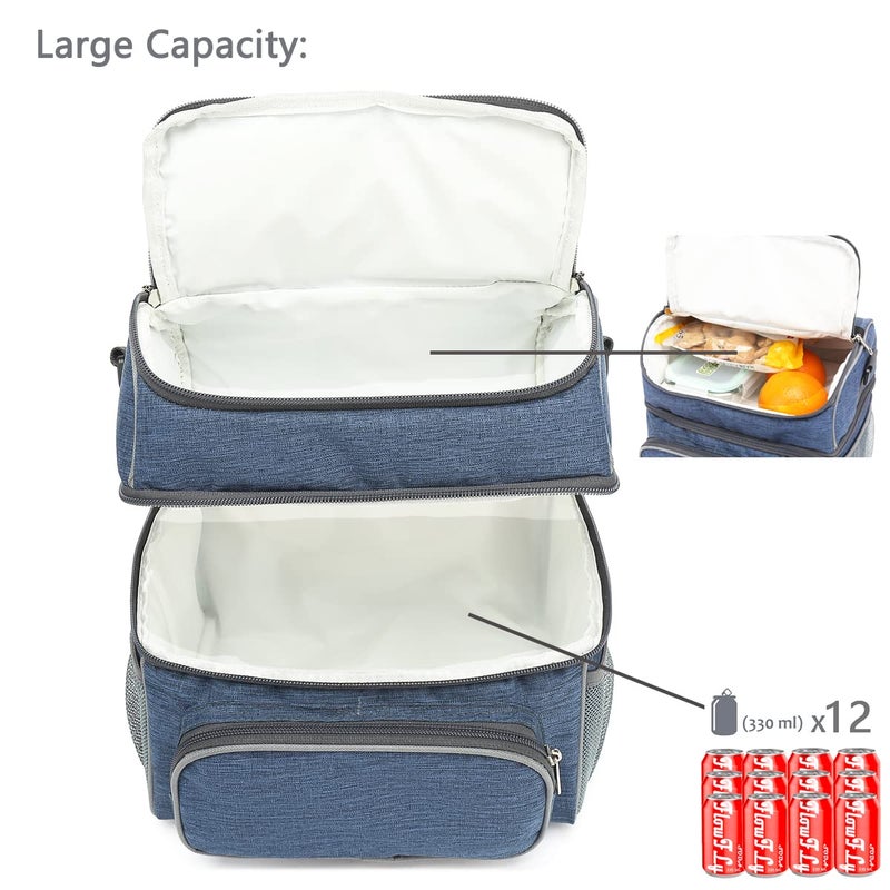 FlowFly Double Layer Cooler Insulated Lunch Bag Adult Lunch Box Large Tote Bag for Men, Women, With Adjustable Strap,Front Pocket and Dual Large Mesh Side Pockets,Navy - Image 5